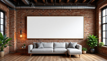 This image showcases a modern living room featuring a cozy sofa against a striking brick wall, complemented by lush green plants and an empty canvas. The warm wooden floor enhances the inviting atmosphere of the space, making it perfect for relaxation and creativity.の素材