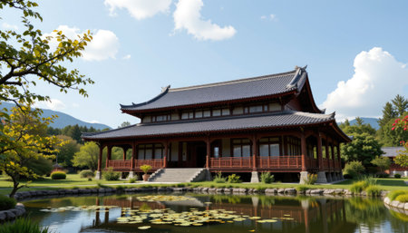 A stunning traditional architecture image featuring a tranquil pond, lush gardens, and serene outdoor spaces. Perfect for showcasing cultural heritage.の素材