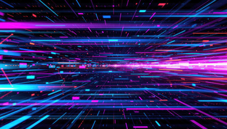 This vibrant abstract background features colorful light trails that convey a sense of dynamic motion and modern technology. The glowing lines in blue, pink, and purple evoke a futuristic aesthetic perfect for digital art and design projects.の素材