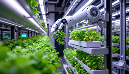 A futuristic robotic arm meticulously tends to vibrant herbs in a cutting-edge vertical farming setting, showcasing the blend of technology and nature for sustainable agriculture.の素材