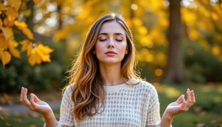 A young woman practices meditation outdoors, surrounded by vibrant autumn leaves. Her serene expression captures a moment of tranquility and mindfulness in nature.の素材