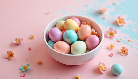 A beautiful arrangement of colorful Easter eggs in a white bowl, surrounded by delicate blossoms on a charming pastel background, evoking spring joy.の素材