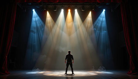 A dramatic scene capturing a performer standing in the spotlight on stage. The use of varied lighting creates an emotional atmosphere, reflecting artistry.の素材