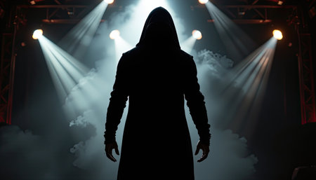 A mysterious figure stands in shadow, cloaked in darkness, as dramatic spotlights pierce the hazy atmosphere, creating a powerful and enigmatic scene.の素材