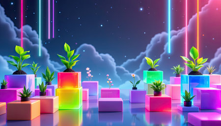 This colorful digital artwork features an arrangement of plants on vibrant neon blocks against a dreamy starry sky. The tranquil scene evokes creativity and beauty.の素材