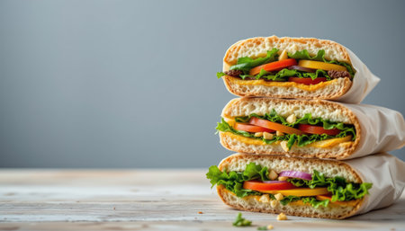 A visually appealing stack of fresh sandwiches featuring crispy lettuce, sliced tomato, and cheese on a rustic wooden table, perfect for a healthy meal.の素材