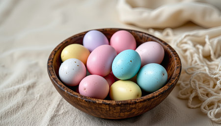 A charming arrangement of colorful decorative Easter eggs nestled in a wooden bowl, set against a soft beige background, perfect for spring festivities.の素材