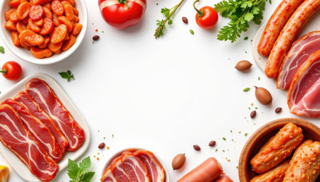 A vibrant and fresh array of meats, vegetables, and seasonings displayed on a white background, perfect for culinary inspiration and recipe creation.の素材