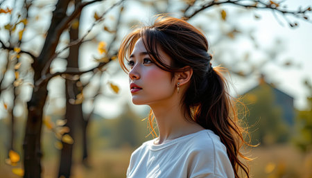 A serene portrait of a young woman enjoying a peaceful moment in nature, surrounded by autumn foliage. Soft sunlight highlights her features, capturing tranquility.の素材