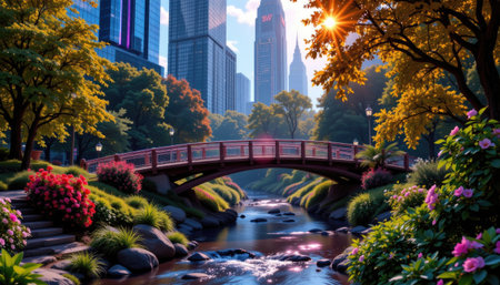 This stunning image captures a peaceful urban park featuring a charming bridge over a gentle stream, bordered by vibrant flowers and lush trees.の素材