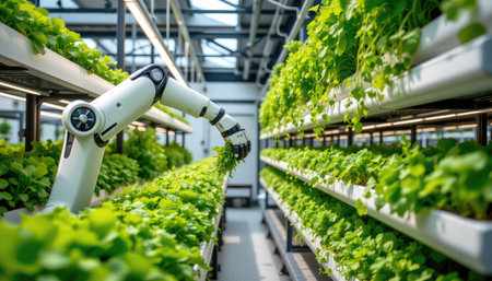 A robotic arm works in a futuristic greenhouse, expertly tending to vibrant green plants. This image showcases the intersection of technology and sustainable agriculture.の素材