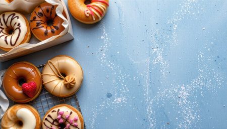 An enticing assortment of freshly baked doughnuts on a blue surface, showcasing various flavors and creative toppings perfect for any occasion.の素材