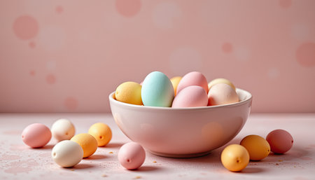 A visually appealing arrangement of pastel colored eggs in a white bowl set against a soft pink background, conveying a delightful spring or Easter theme.の素材