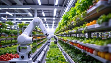 A robotic arm operates in a high-tech indoor vertical farm, efficiently harvesting fresh produce amidst rows of vibrant vegetables and fruits.の素材