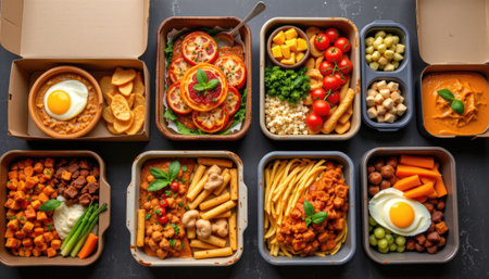 An assortment of beautifully arranged meal prep dishes featuring colorful and fresh ingredients, perfect for healthy eating and meal planning.の素材
