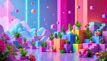 This eye-catching composition features a vibrant 3D landscape filled with colorful cubes, blooming flowers, and abstract elements perfect for creative projects.の素材