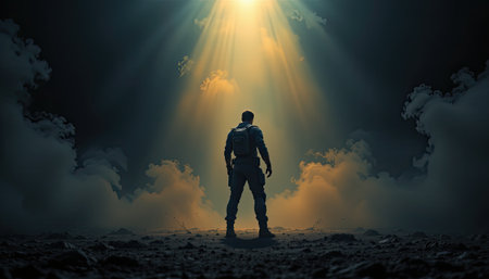 A lone figure stands in a dark environment, illuminated by dramatic light rays piercing through clouds, evoking emotions of solitude and adventure.の素材