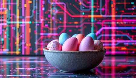 This vibrant image features a bowl filled with colorful Easter eggs against a striking circuit board background, ideal for festive spring decor and celebration themes.の素材