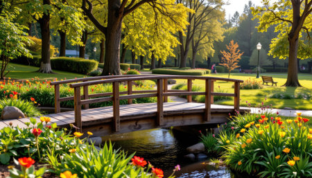 A serene garden landscape featuring a charming wooden bridge surrounded by vibrant flowers and lush green trees, illuminated by bright sunlight.の素材