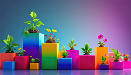 A vibrant and colorful arrangement of various houseplants showcased on geometric pedestals, set against a stunning gradient backdrop. Ideal for nature enthusiasts.の素材