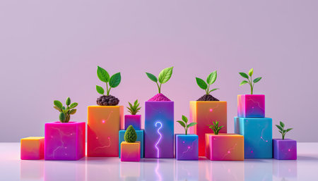 A visually striking arrangement of colorful geometric blocks featuring various plants, symbolizing growth and creativity. Perfect for modern decor and inspiration.の素材
