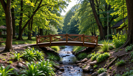 A picturesque scene featuring a charming wooden bridge over a gentle stream, nestled among vibrant green trees in a peaceful park. Perfect for nature lovers.の素材