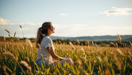 A young woman sits peacefully in a lush green field, basking in the warm sunlight, surrounded by tall grass and distant mountains, embodying tranquility and happiness.の素材