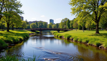 A serene urban park scene featuring a charming bridge over calm waters, surrounded by lush greenery and tall trees under a clear blue sky.の素材