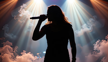 This captivating image showcases a silhouette of a singer performing on stage. The vibrant spotlights and hazy fog create an electrifying atmosphere, emphasizing the energy and passion of live music events.の素材