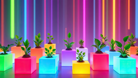This stunning image features vibrant plants displayed in colorful glowing cubes, creating a lively atmosphere with a modern artistic touch perfect for nature-themed interiors.の素材