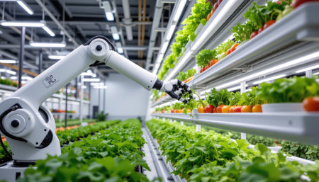A state-of-the-art robot operates in a vertical farming facility, showcasing the future of agriculture with efficient automation for fresh vegetable harvesting.の素材