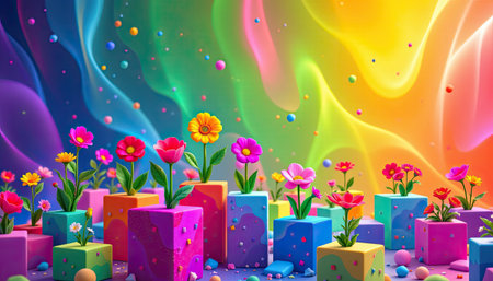 A captivating display of colorful flowers growing from bright boxes, set against a vibrant swirling background filled with playful orbs that evoke joy.の素材