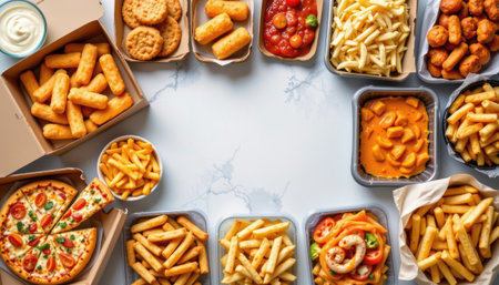A vibrant assortment of tasty fast foods featuring pizza, crispy fries, chicken nuggets, pasta, and cookies arranged attractively for gatherings.の素材
