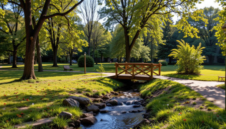 A picturesque park scene featuring a charming wooden bridge over a gentle stream, surrounded by vibrant green trees and lush foliage, creating a serene escape.の素材
