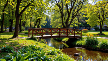 This picturesque scene captures a charming wooden bridge arching over a tranquil stream, accentuated by lush greenery and colorful flowers.の素材