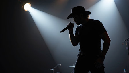 A striking silhouette of a singer wearing a cowboy hat captivating the audience while performing under dramatic stage lights during a live music concert.の素材