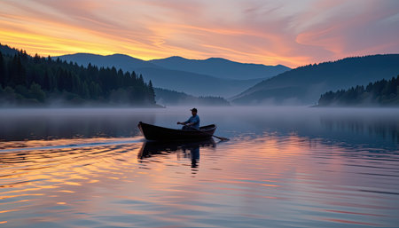 A peaceful early morning scene featuring a lone rower navigating a calm lake surrounded by misty mountains, showcasing a breathtaking colorful sunrise.の素材