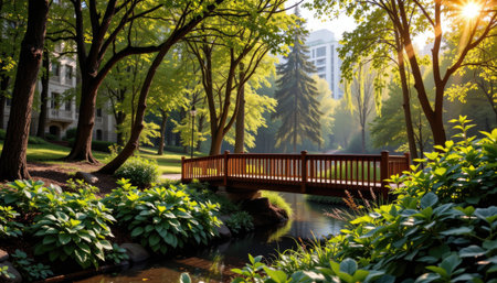 A serene park scene featuring a charming wooden bridge over a gentle stream, surrounded by lush greenery and illuminated by soft morning light.の素材