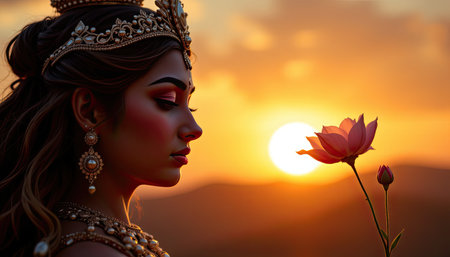 This captivating image features a young woman adorned in traditional jewelry holding a lotus flower, captured in silhouette against a stunning sunset backdrop.の素材