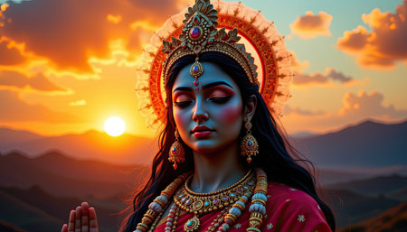 A majestic portrayal of a goddess set against a stunning sunset, highlighting the vibrant colors of nature and evoking a sense of tranquility and spirituality.の素材