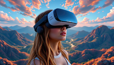 A young woman wearing a virtual reality headset stands amidst a stunning mountain landscape at sunset, surrounded by vibrant clouds, capturing the essence of exploration and technology.の素材