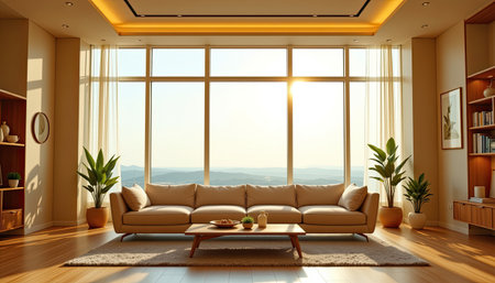 This modern living room features large windows that flood the space with natural light, offering stunning mountain views. The cozy furniture and indoor plants create a warm, inviting atmosphere ideal for relaxation and comfort.の素材