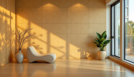 A serene and modern living space showcasing minimalistic design elements with warm sunlight, elegant plants, and sleek furniture for relaxation.の素材
