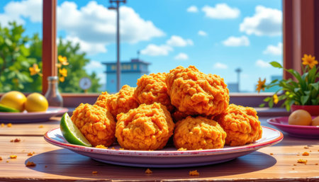 A vibrant plate of golden crispy fried balls garnished with fresh ingredients, perfect for summer gatherings and outdoor celebrations, radiating warmth and joy.の素材