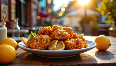 Enjoy golden and crispy fried chicken bites served on a white plate with fresh lemon slices, set in a lively outdoor restaurant during sunset.の素材
