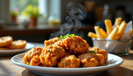 A plate of hot, crispy fried chicken surrounded by aromatic steam, served with golden french fries in a cozy kitchen ambiance, ideal for comfort food lovers.の素材