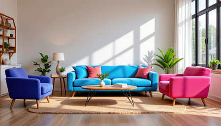 This modern living room features colorful furniture set against a backdrop of natural light. The vibrant blue couch and pink armchair create a cheerful atmosphere, complemented by indoor plants and stylish decor. Ideal for cozy gatherings or relaxation.の素材