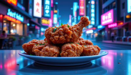 A delicious serving of crispy fried chicken sits on a plate, illuminated by vibrant neon signs in a bustling urban food scene at night.の素材