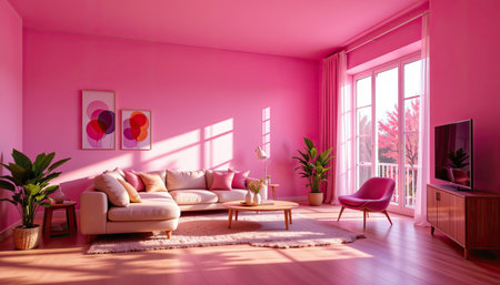 This bright and cozy living room features vibrant pink walls, modern furniture, and an abundance of natural light, creating an inviting atmosphere.の素材