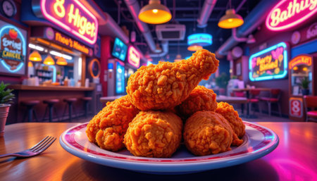 A mouthwatering stack of crispy fried chicken drumsticks is placed on a decorative plate, surrounded by vibrant neon signs in a lively restaurant setting.の素材